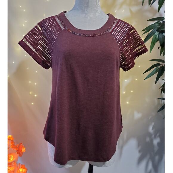 Miss Me Lace Short Sleeve Keyhole Back Tie Boho Semi Sheer Top Womens M Wine - Picture 2 of 8